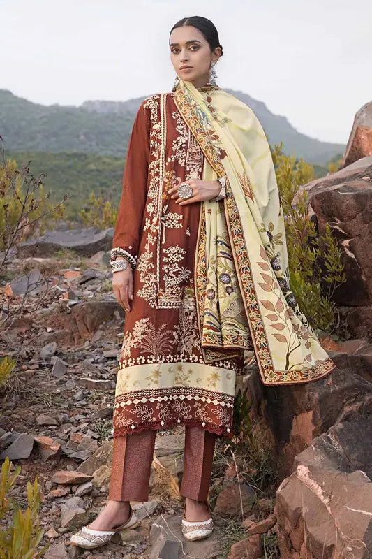 3PC Embroidered Digital Printed Karandi Unstitched Suit AY-32036