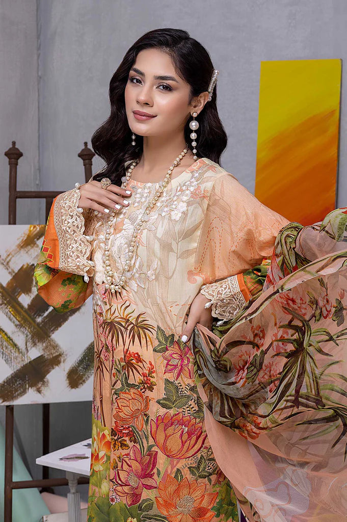 3PCS ADAN'S LIBAS BELLAROSE UNSTITCHED LAWN SUIT D-01 (ANTIQUE VRASS)