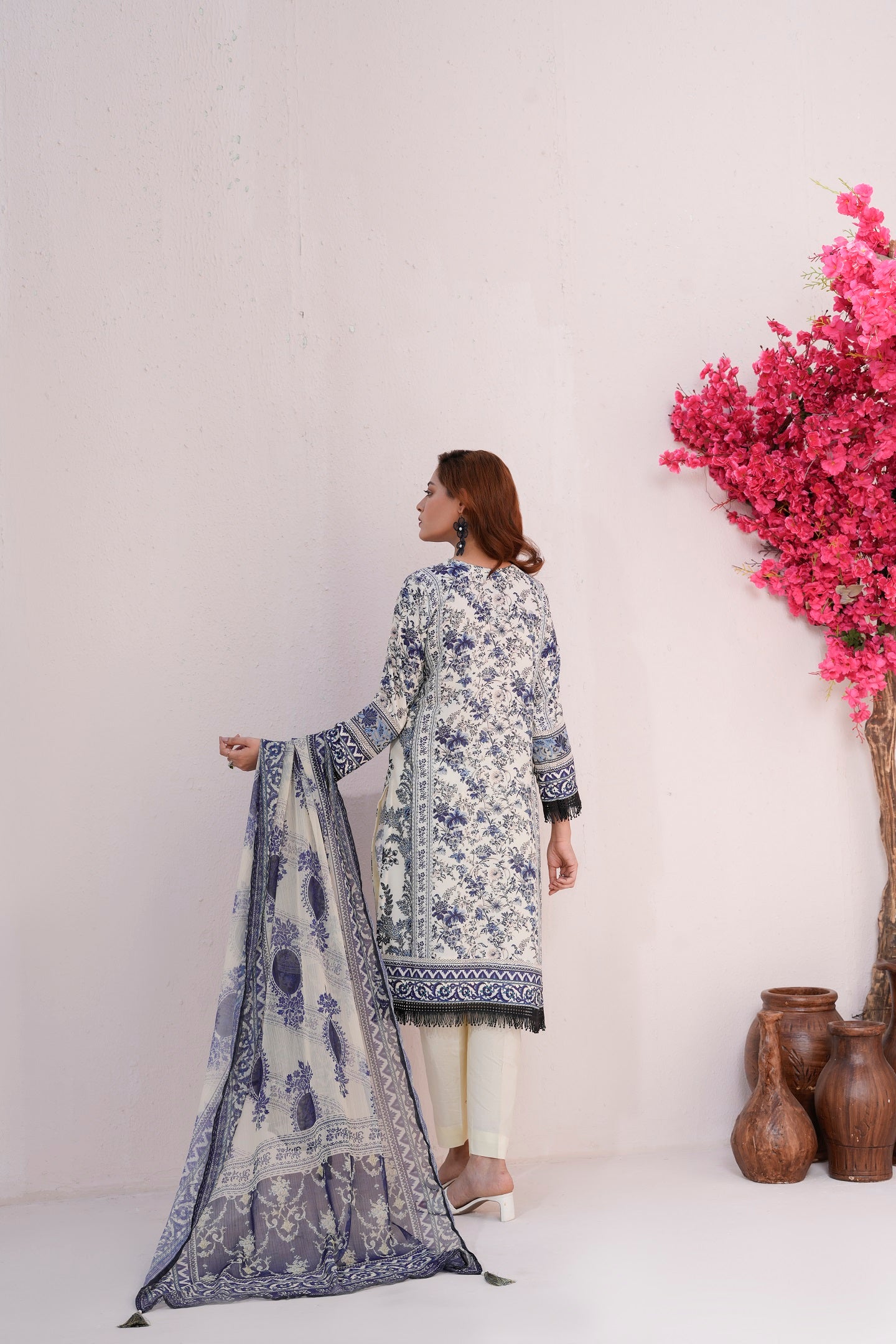 Women's 3 Piece Printed Cotton Salwar Suit Dupatta With Embroidered Blue