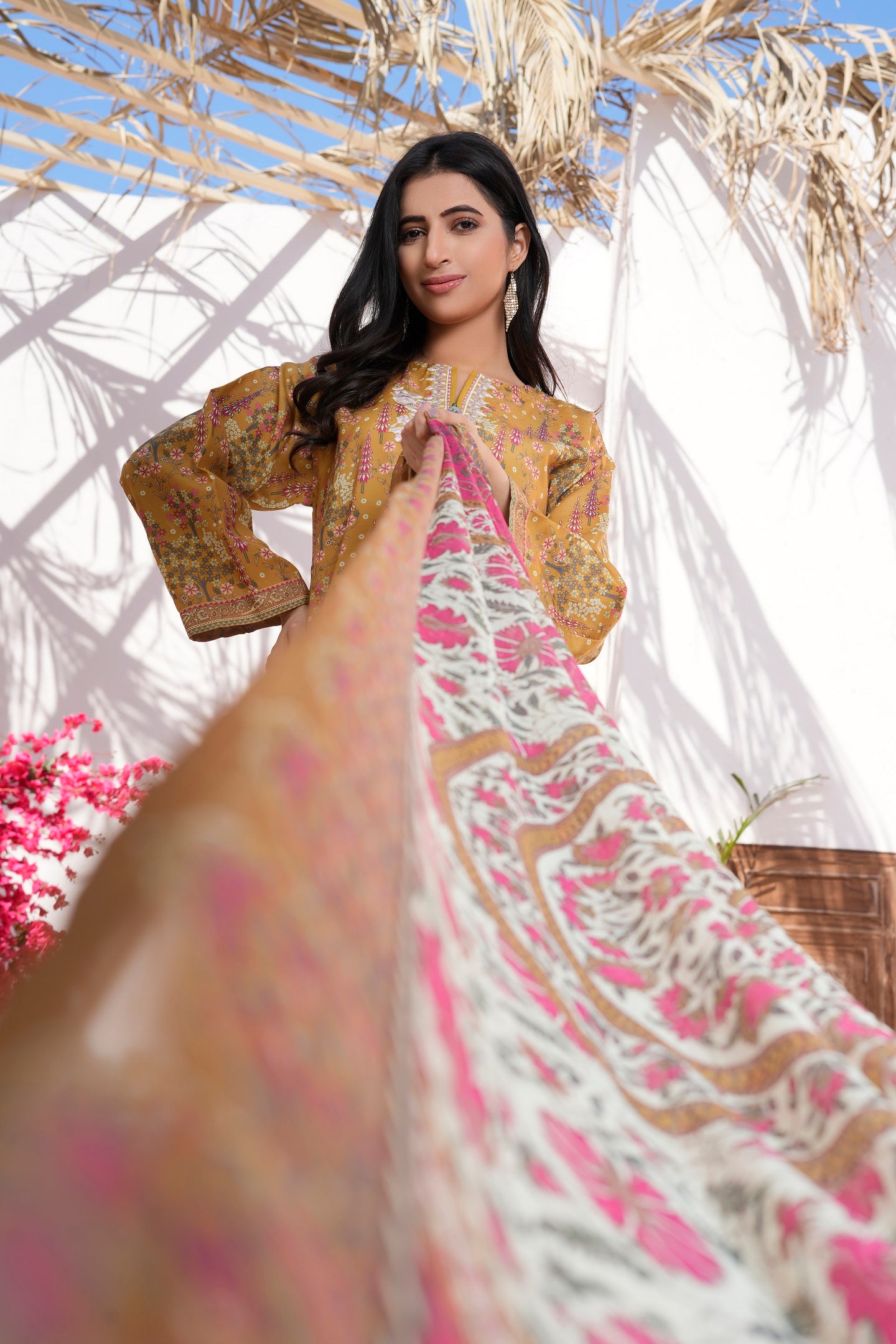 Women Cotton Lawn Embroidered Printed Kurta Duppatta Lace Dyed Salwar - Mustard Mirage