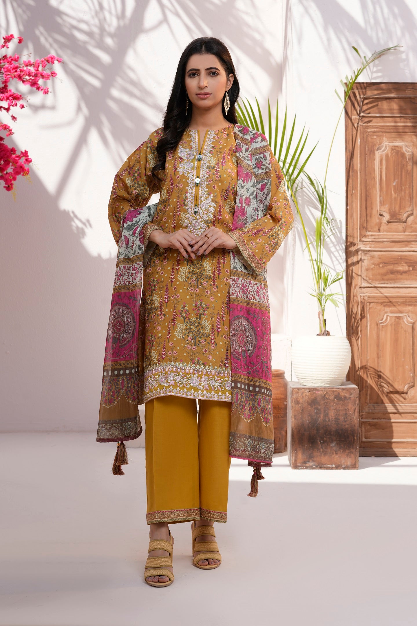 Women Cotton Lawn Embroidered Printed Kurta Duppatta Lace Dyed Salwar - Mustard Mirage