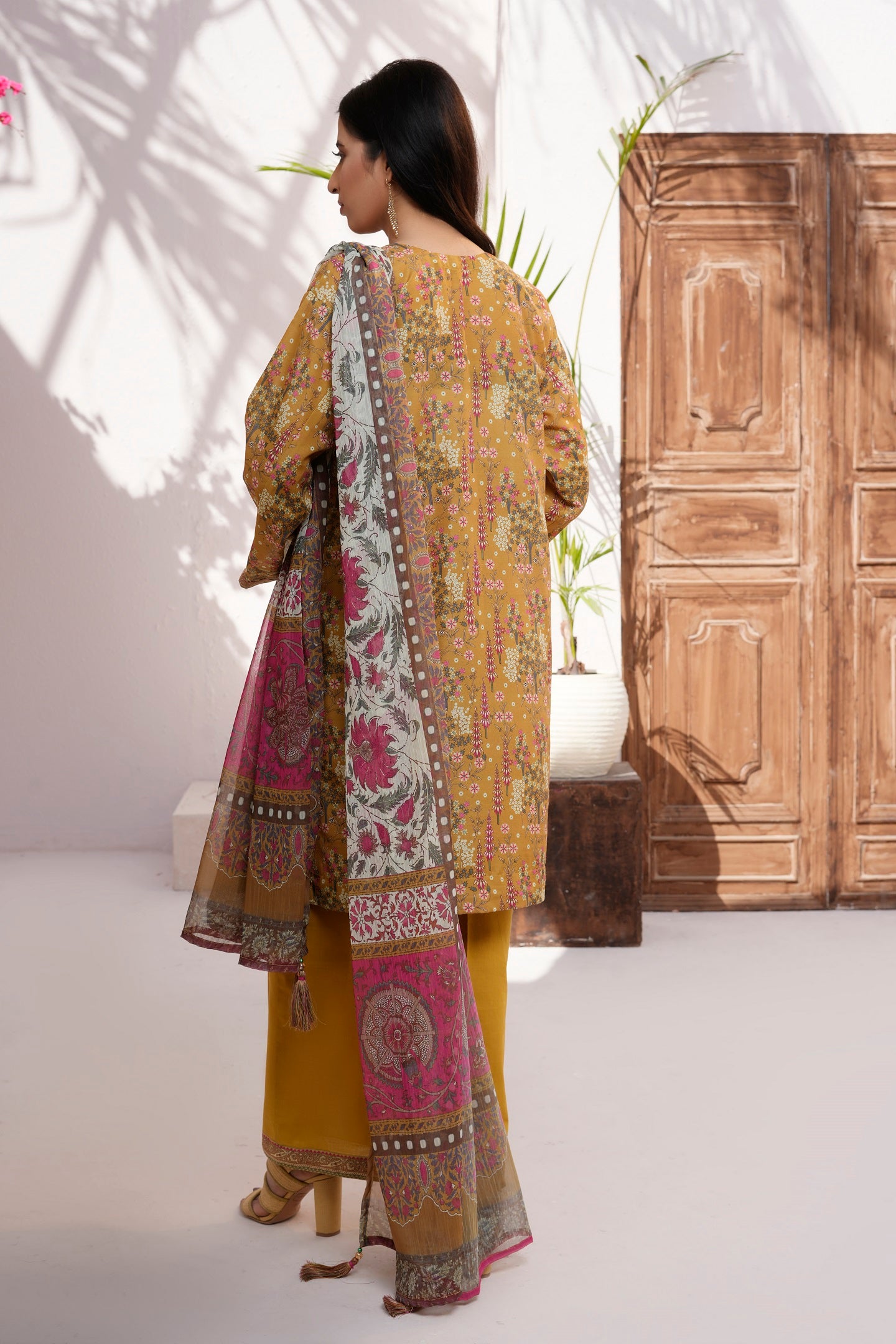 Women Cotton Lawn Embroidered Printed Kurta Duppatta Lace Dyed Salwar - Mustard Mirage