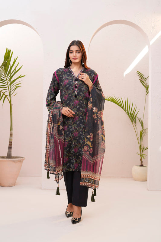 Women's 3 Piece Printed Cotton Salwar Suit Dupatta With Embroidered- Noir Mystique