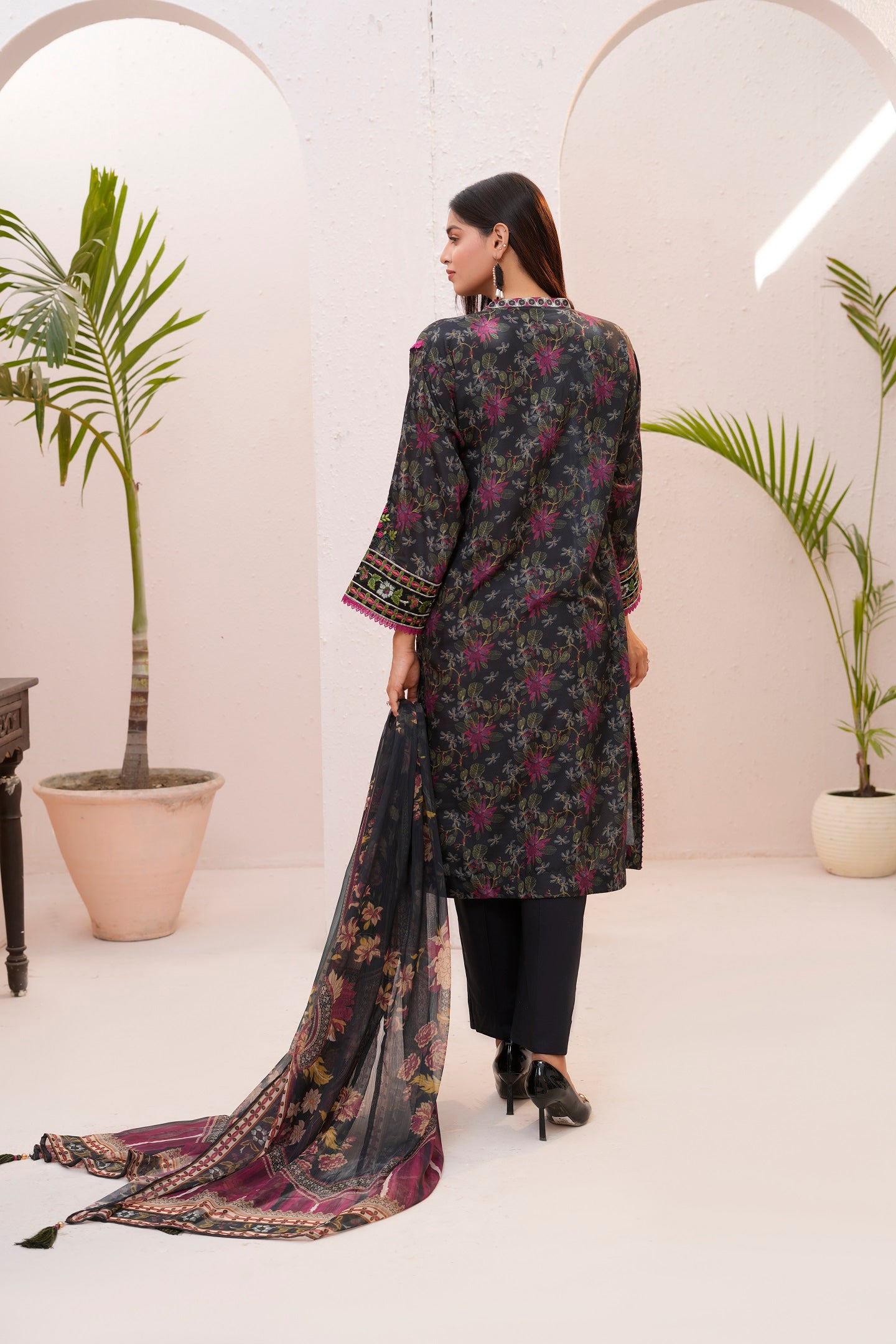 Women's 3 Piece Printed Cotton Salwar Suit Dupatta With Embroidered- Noir Mystique