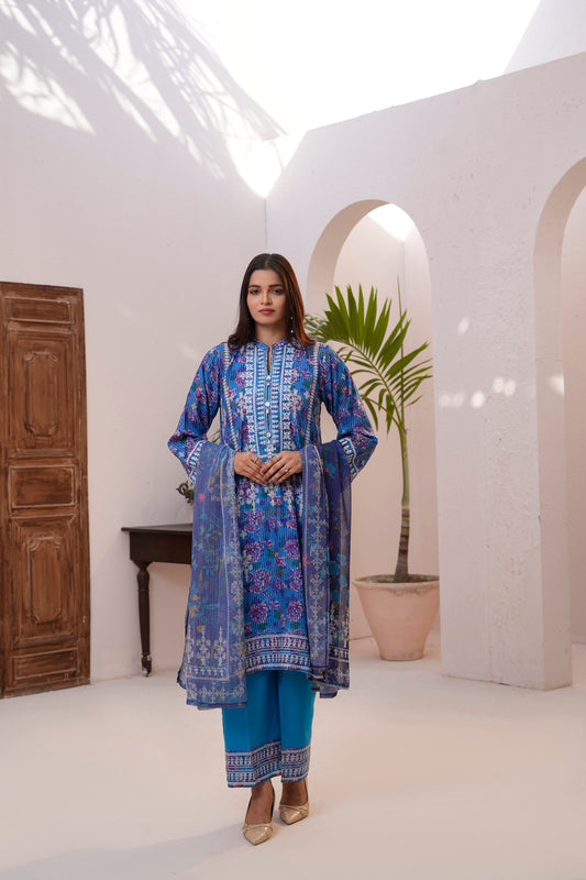 Women Cotton Lawn Printed Kurta Chiffon Printed Duppatta and Dyed Salwar - Moonlit Lace