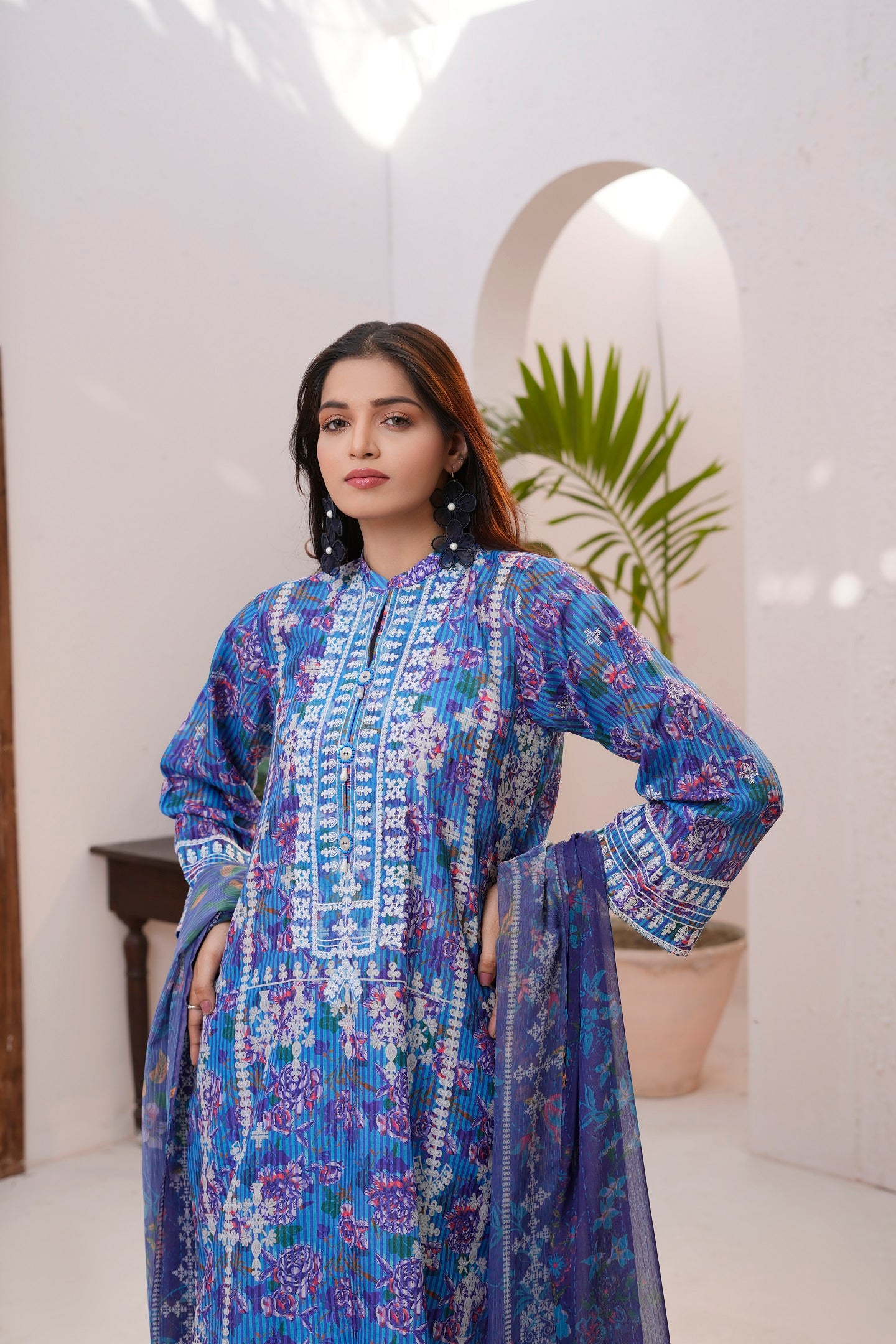Women Cotton Lawn Printed Kurta Chiffon Printed Duppatta and Dyed Salwar - Moonlit Lace