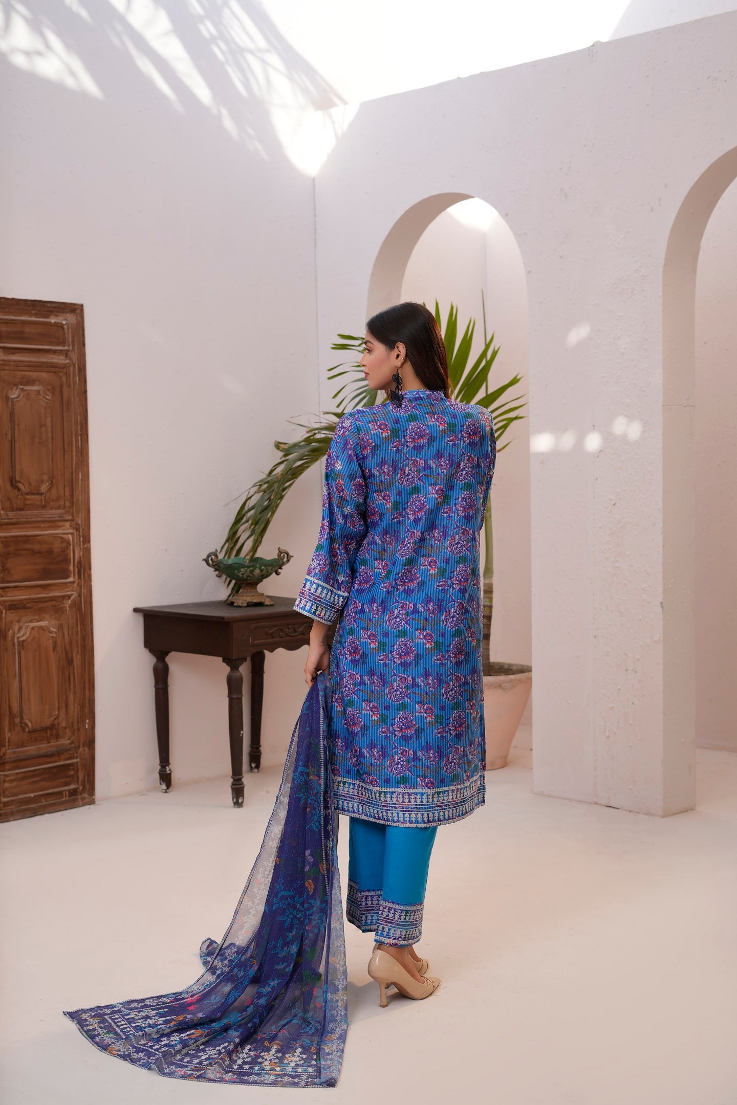 Women Cotton Lawn Printed Kurta Chiffon Printed Duppatta and Dyed Salwar - Moonlit Lace