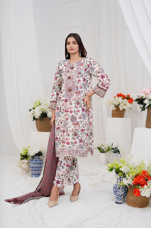 Women's 3 Piece Printed Cotton Salwar Suit Dupatta With Embroidered