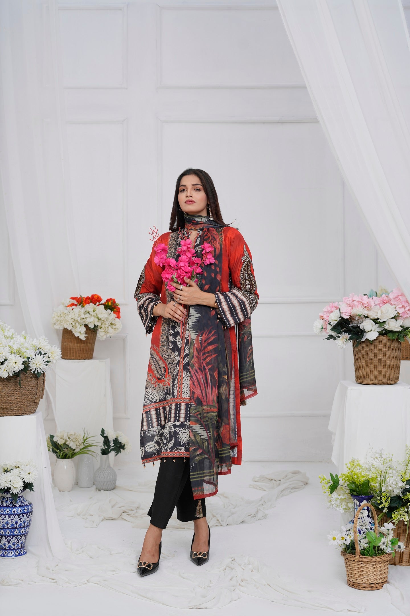 Women's 3 Piece Printed Cotton Salwar Suit Dupatta With Embroidered - Rustic Charm