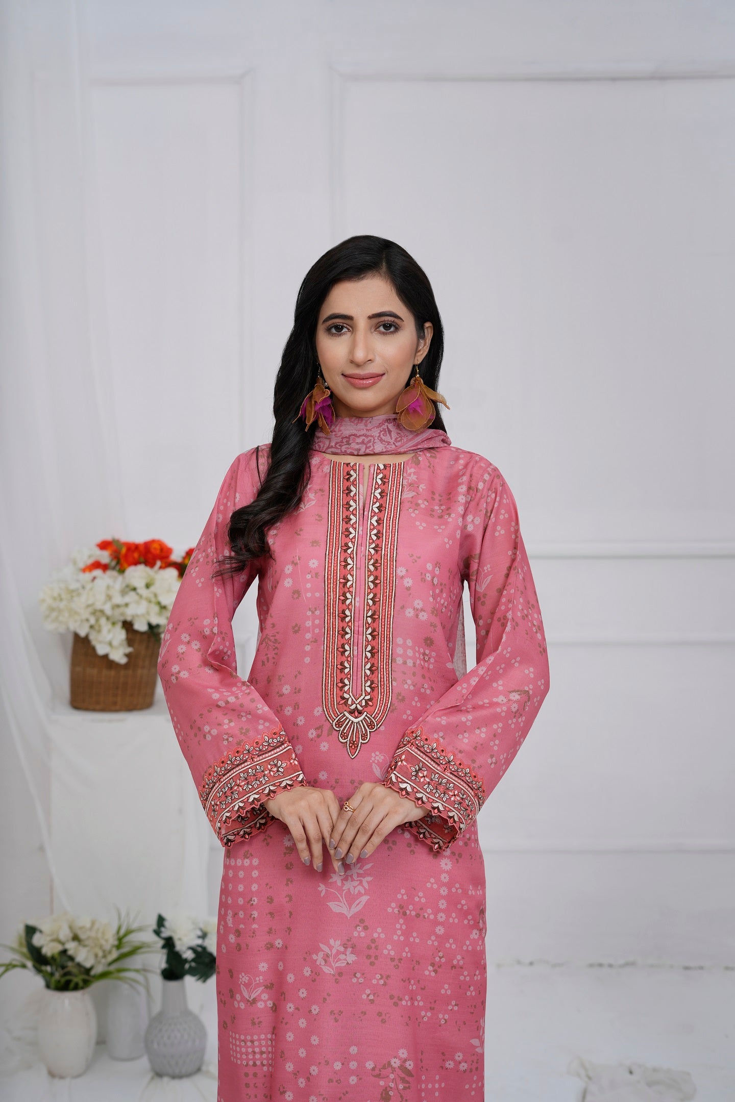 Women Cotton Embroidered Printed Kurta Duppatta Neck Patch and Dyed Salwar - Zahara Dusk