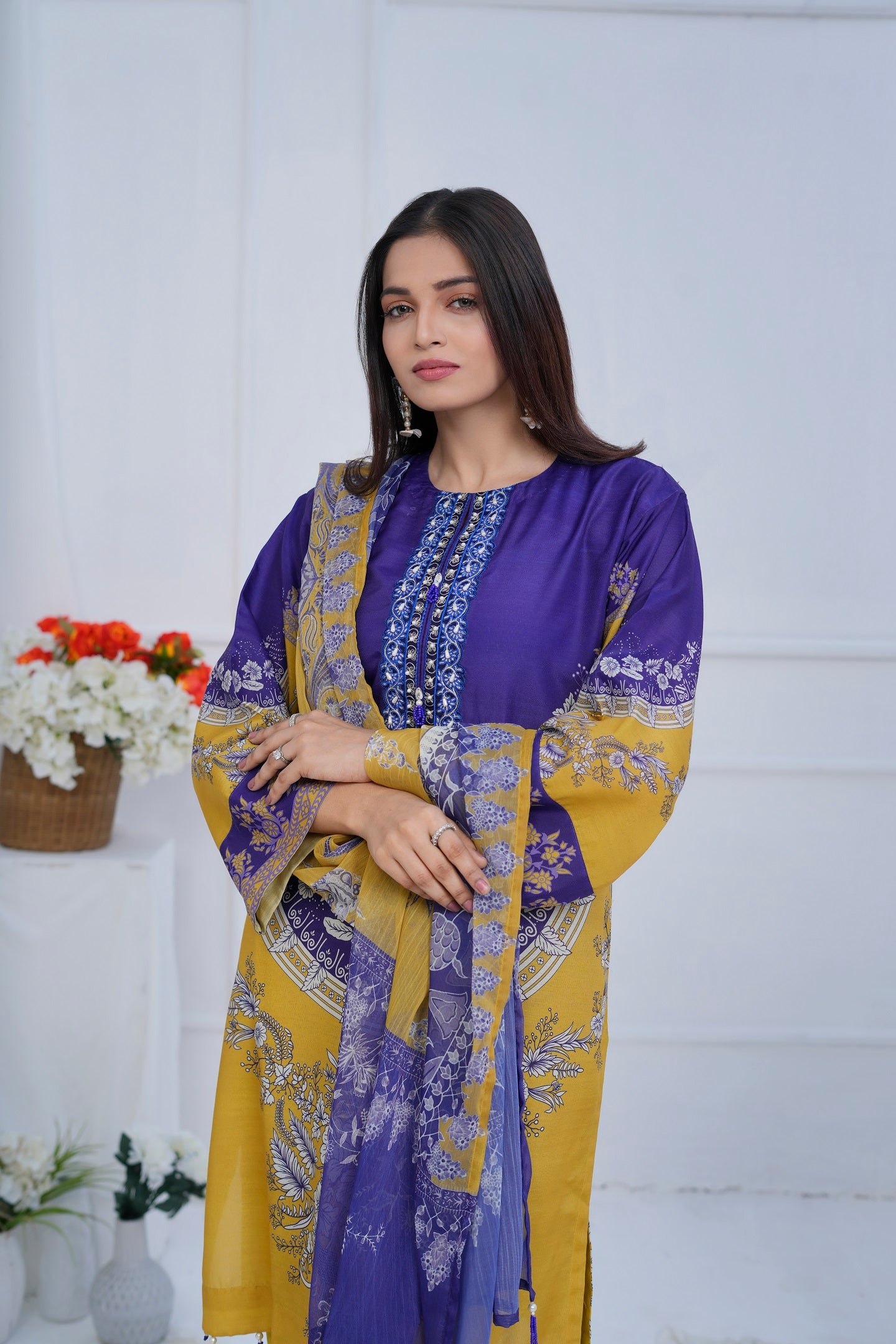 Women's 3 Piece Printed Cotton Salwar Suit Dupatta With Embroidered - Golden Sapphire