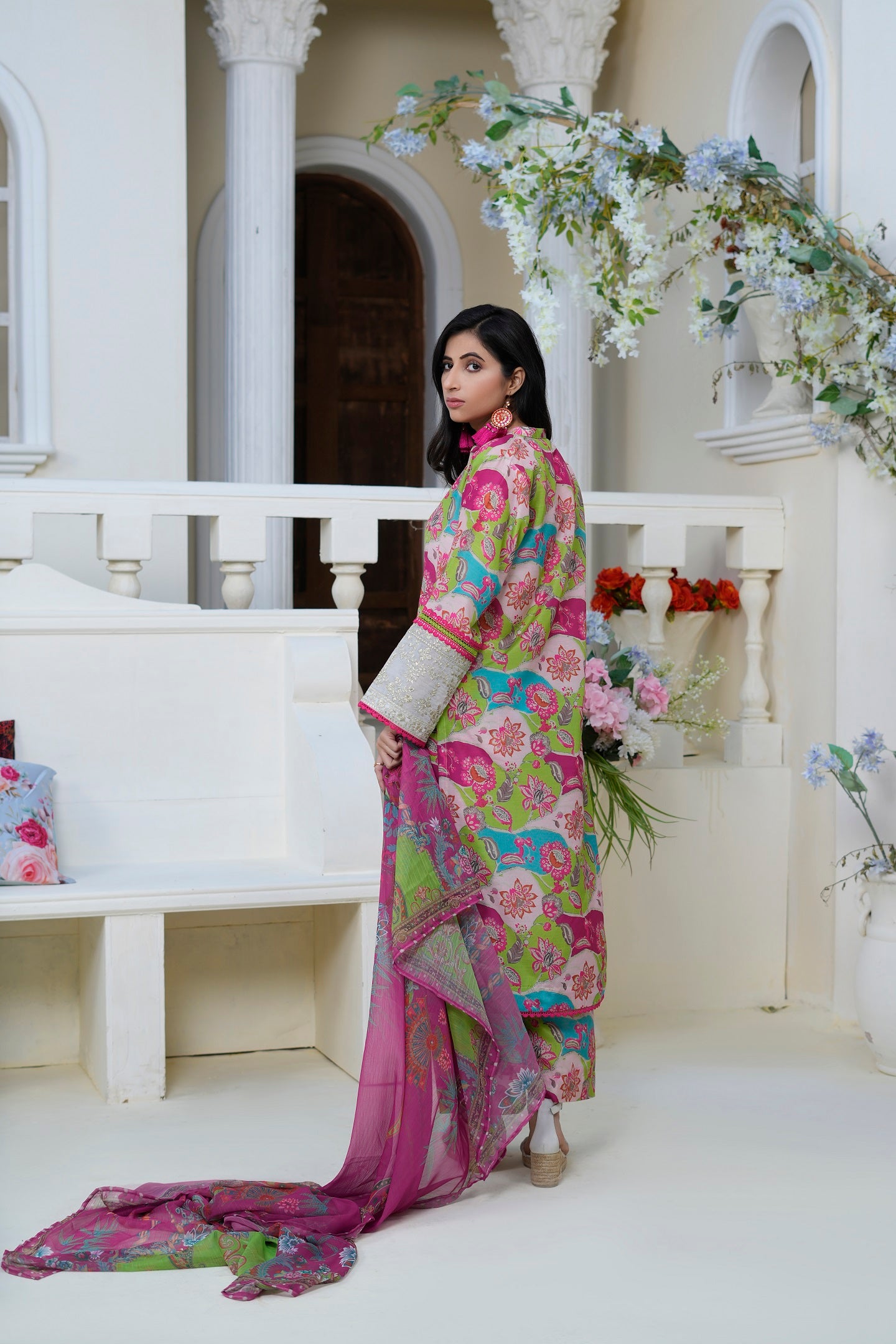 Women's 3 Piece Printed Cotton Salwar Suit Dupatta With Embroidered - Neon Blossom