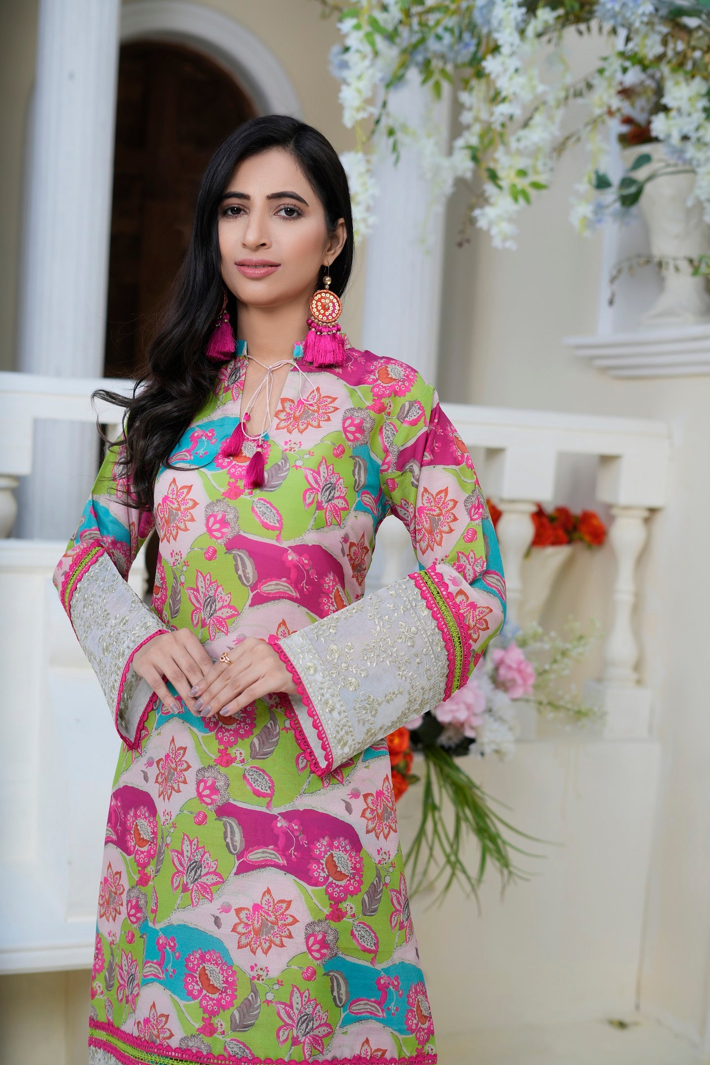 Women's 3 Piece Printed Cotton Salwar Suit Dupatta With Embroidered - Neon Blossom