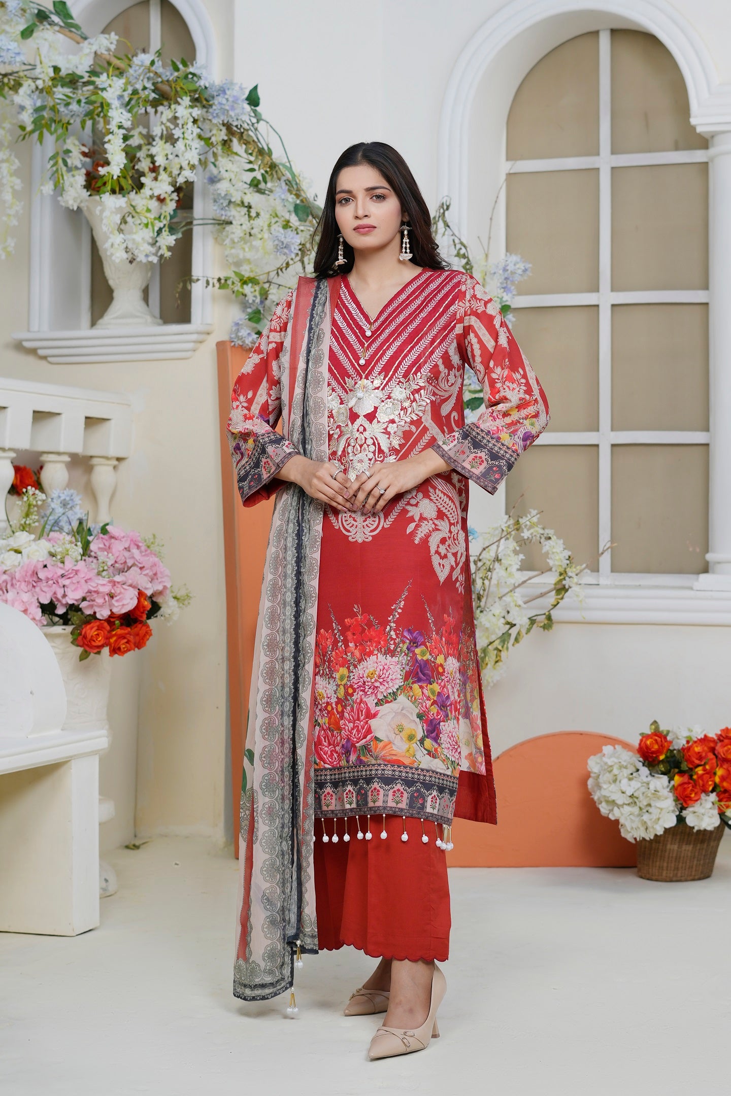 Women Cotton Embroidered Printed Kurta Chiffon Duppatta Dyed Salwar - Crimson Dream