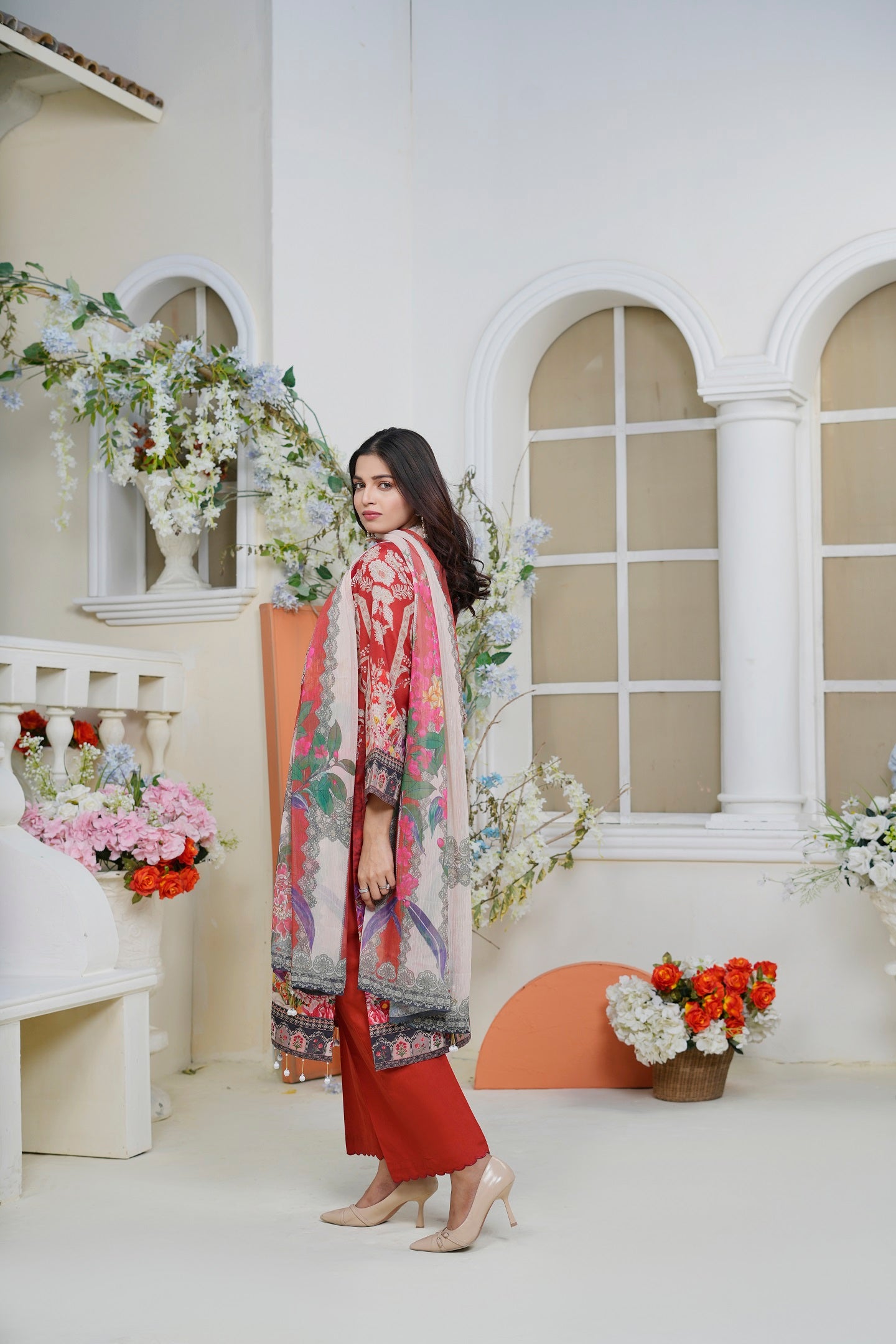 Women Cotton Embroidered Printed Kurta Chiffon Duppatta Dyed Salwar - Crimson Dream