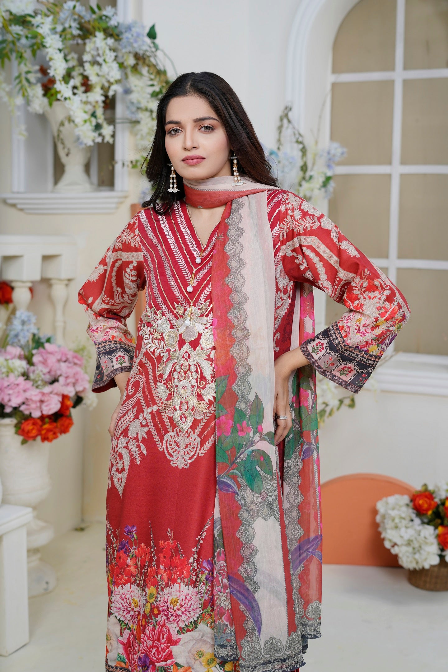 Women Cotton Embroidered Printed Kurta Chiffon Duppatta Dyed Salwar - Crimson Dream