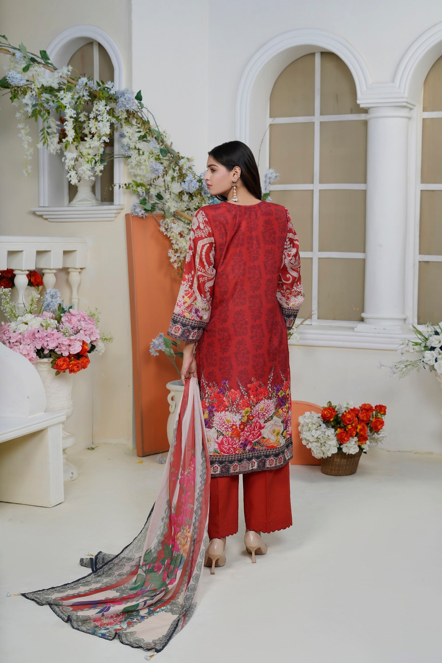 Women Cotton Embroidered Printed Kurta Chiffon Duppatta Dyed Salwar - Crimson Dream
