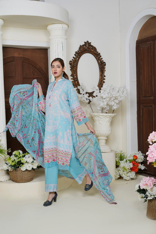 Women Cotton Lawn Printed Kurta Duppatta Embroidered Lace  Salwar - Aqua Orchid