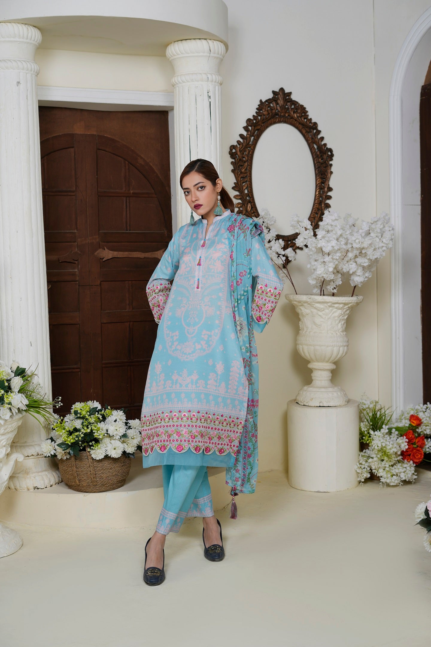 Women Cotton Lawn Printed Kurta Duppatta Embroidered Lace Salwar - Aqua Orchid
