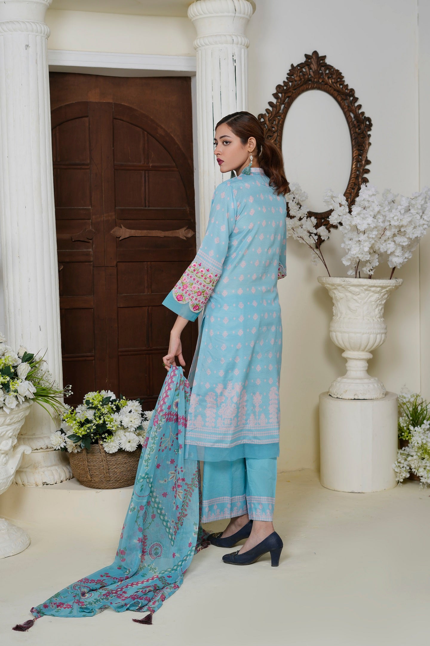 Women Cotton Lawn Printed Kurta Duppatta Embroidered Lace Salwar - Aqua Orchid