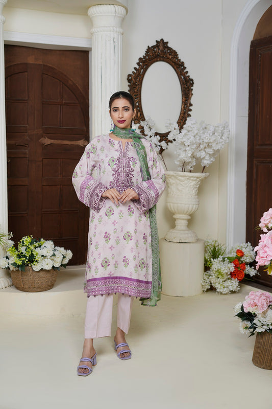 Women's 3 Piece Printed Cotton Salwar Suit Dupatta With Embroidered Neck - Lush Mauve
