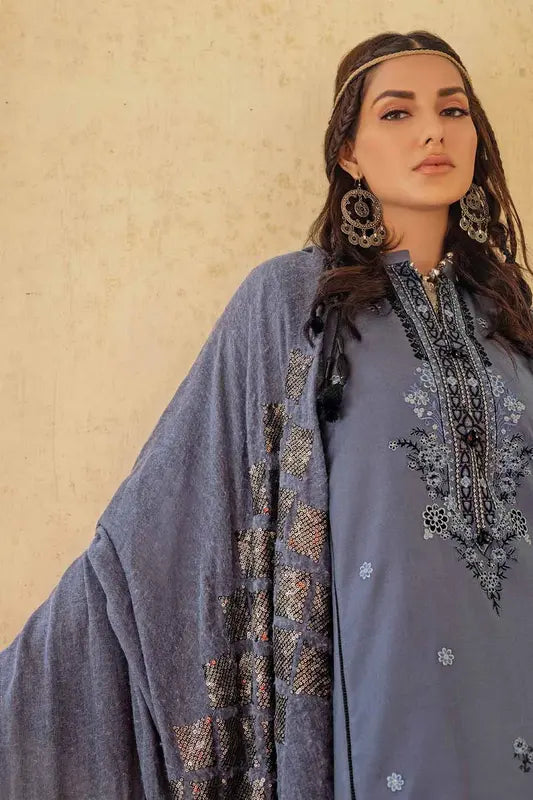 3PC Embroidered Pashmina Unstitched Suit with Sequins Embroidered Pashmina Shawl AP-32087
