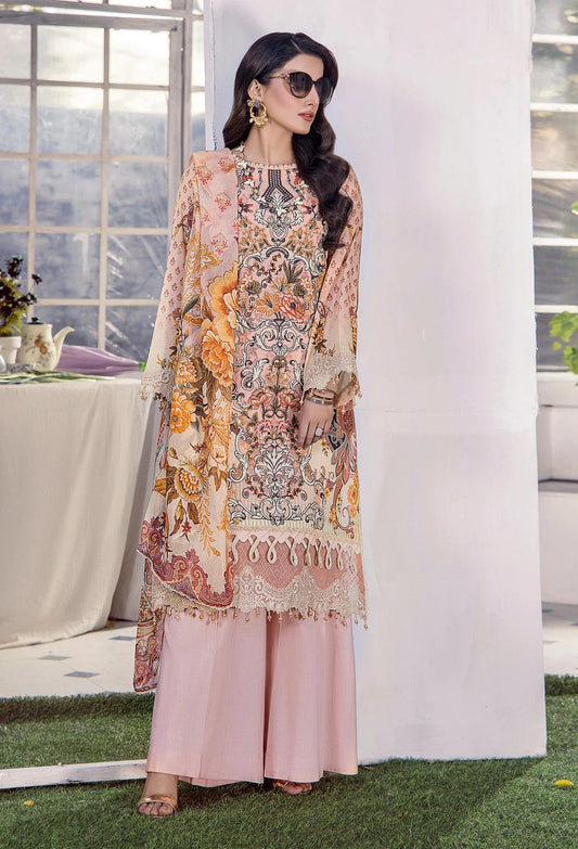 3PC Printed Lawn Unstitched Suit with Embroidered Chiffon Dupatta ADL-07