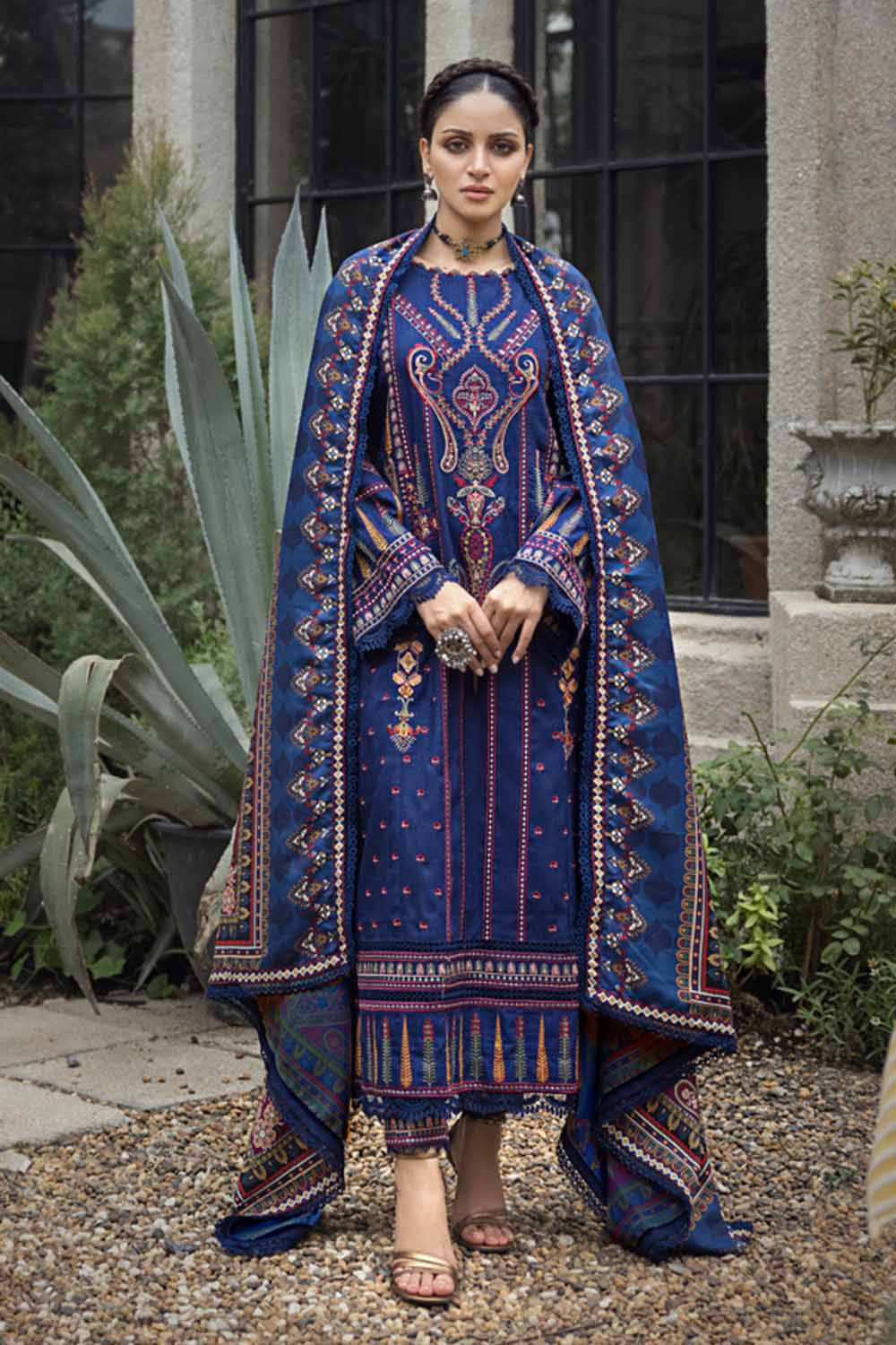 3PC Embroidered Dobby Jacquard Unstitched Suit with Digital Printed Twill Shawl AP-32009