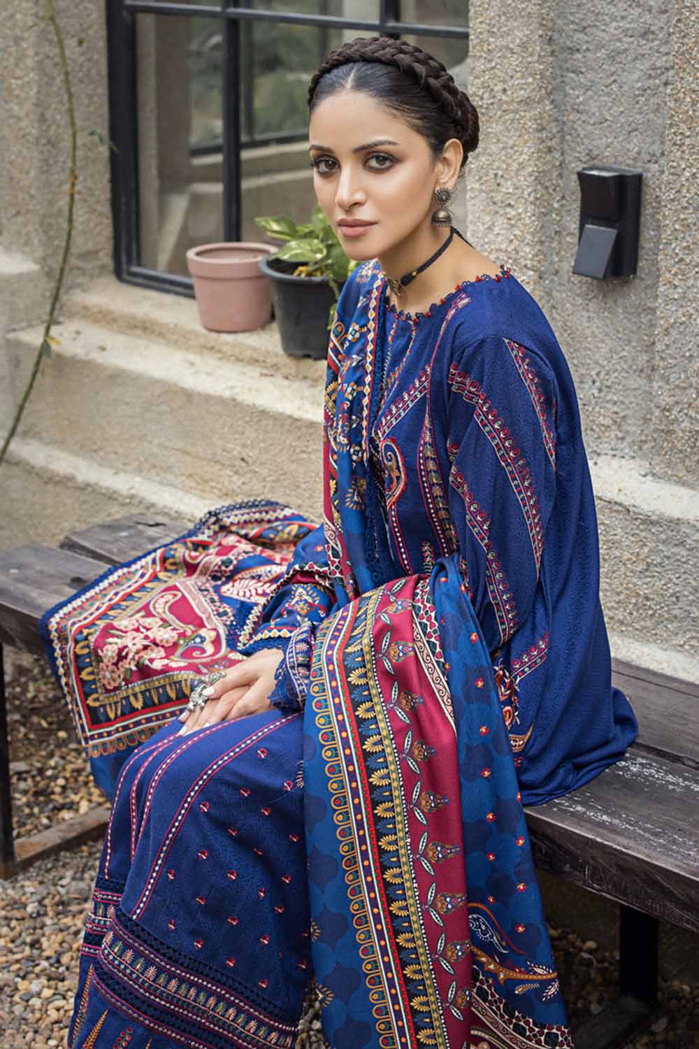 3PC Embroidered Dobby Jacquard Unstitched Suit with Digital Printed Twill Shawl AP-32009