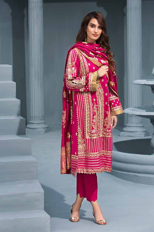 3PC Soft Pink Embroidered Khaddar UN-STITCHED SUITS With Gold & Lacquer Shawl-AY-08