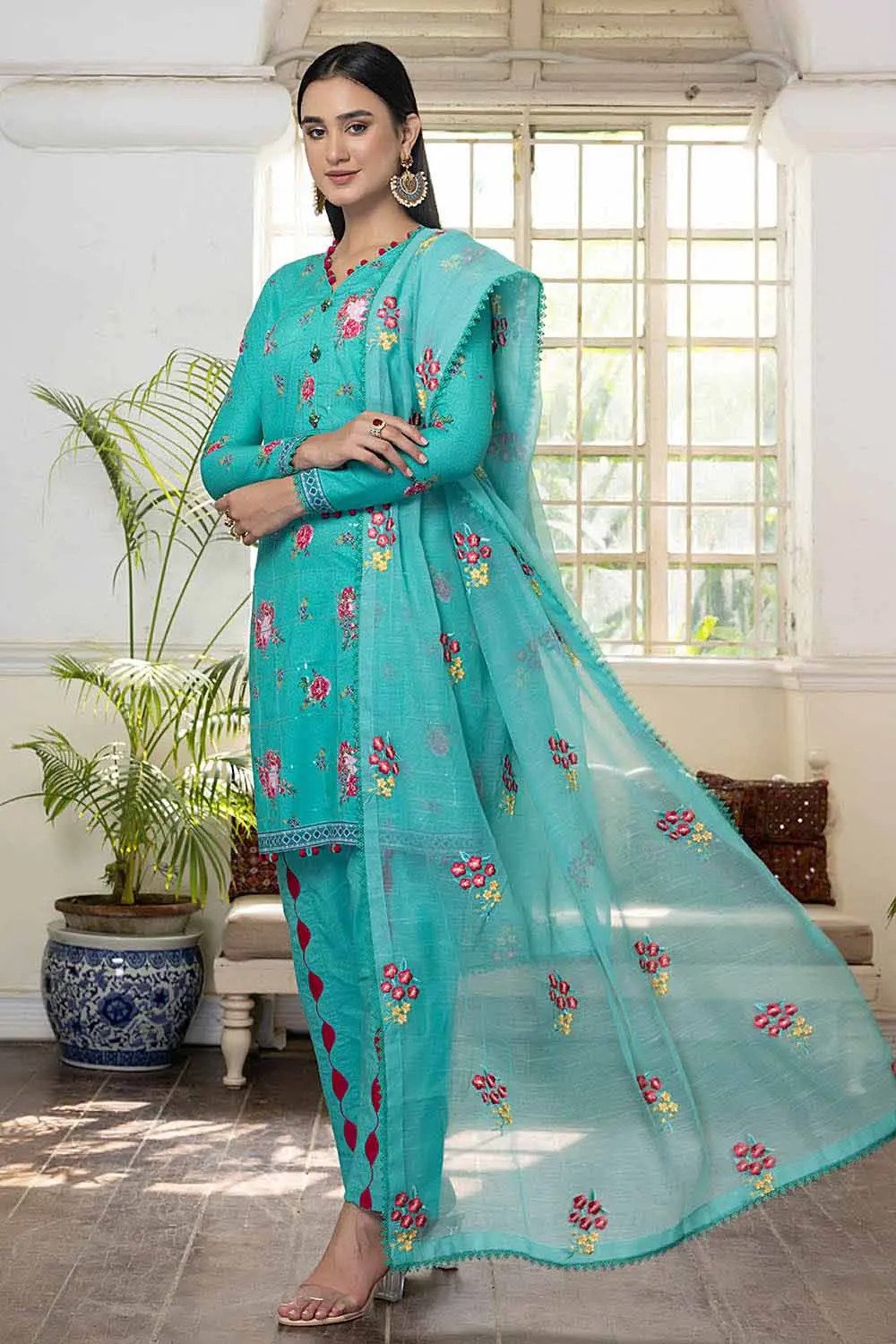 3PC Sequins Embroidered Lawn Unstitched Digital Printed Suit with Embroidered Net Dupatta CN-32010