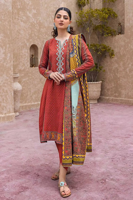 3PC Embroidered Khaddar Unstitched Suit with Embroidered Neckline on Organza K-32026