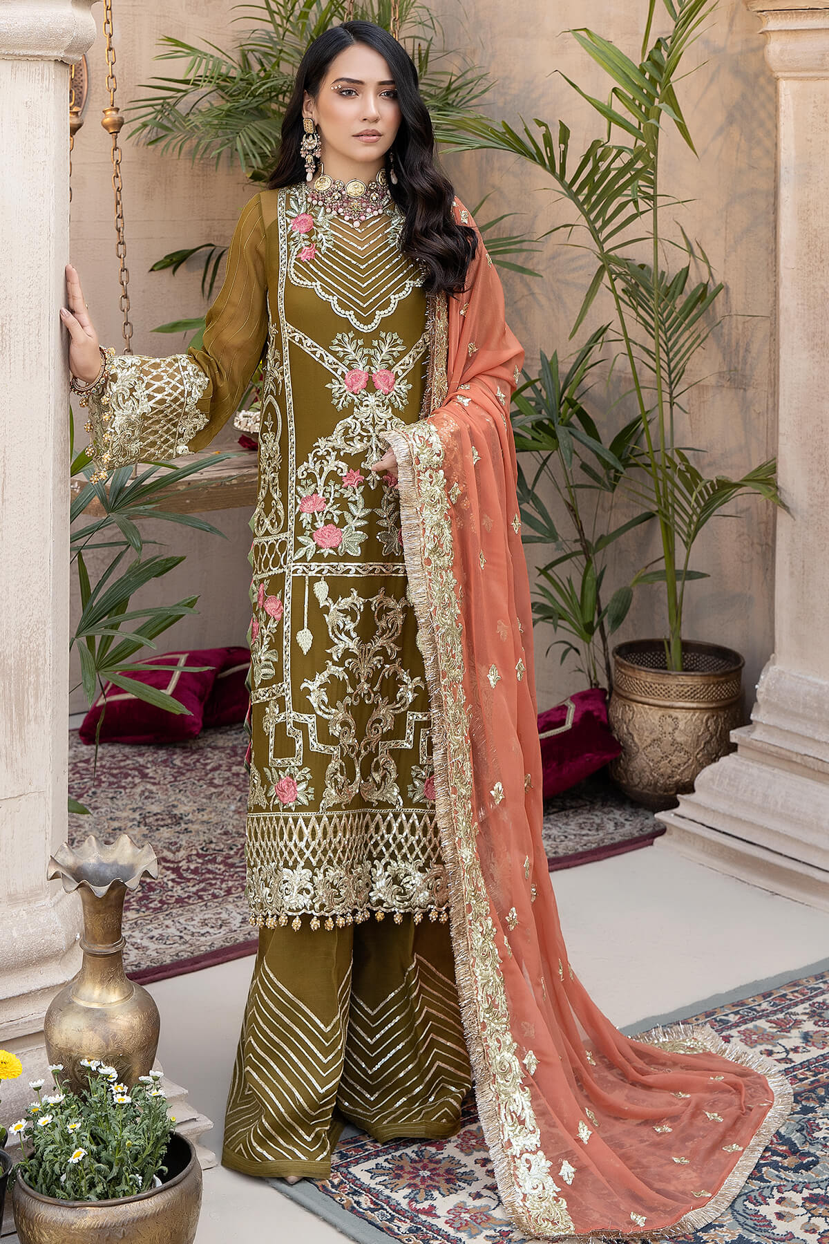 3PC EMBROIDERED CHIFFON UN-STITCHED SUITS-M-23 SAYONEE