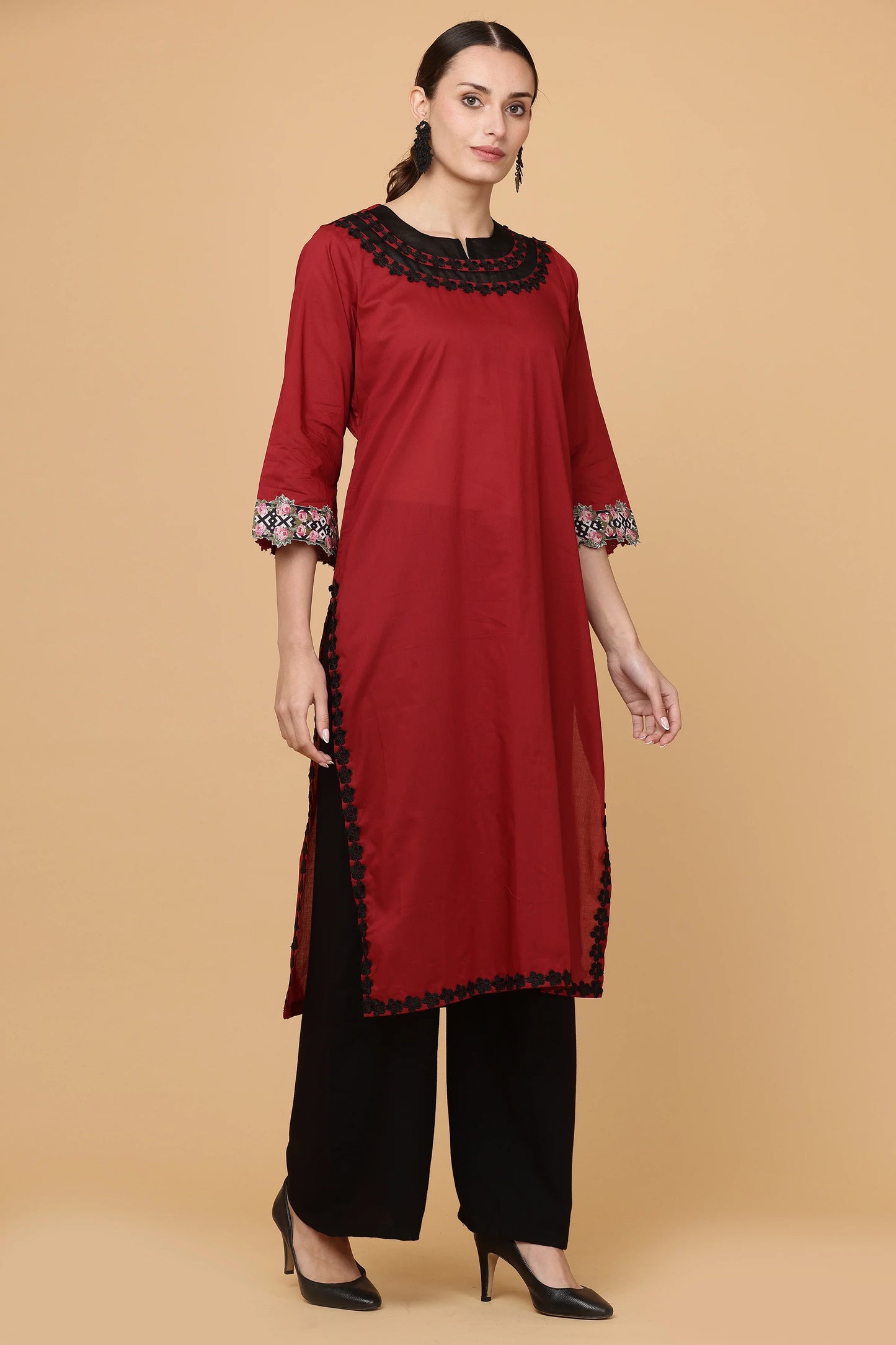 1pc-stitched-suits-Maroon Kurta with Lace