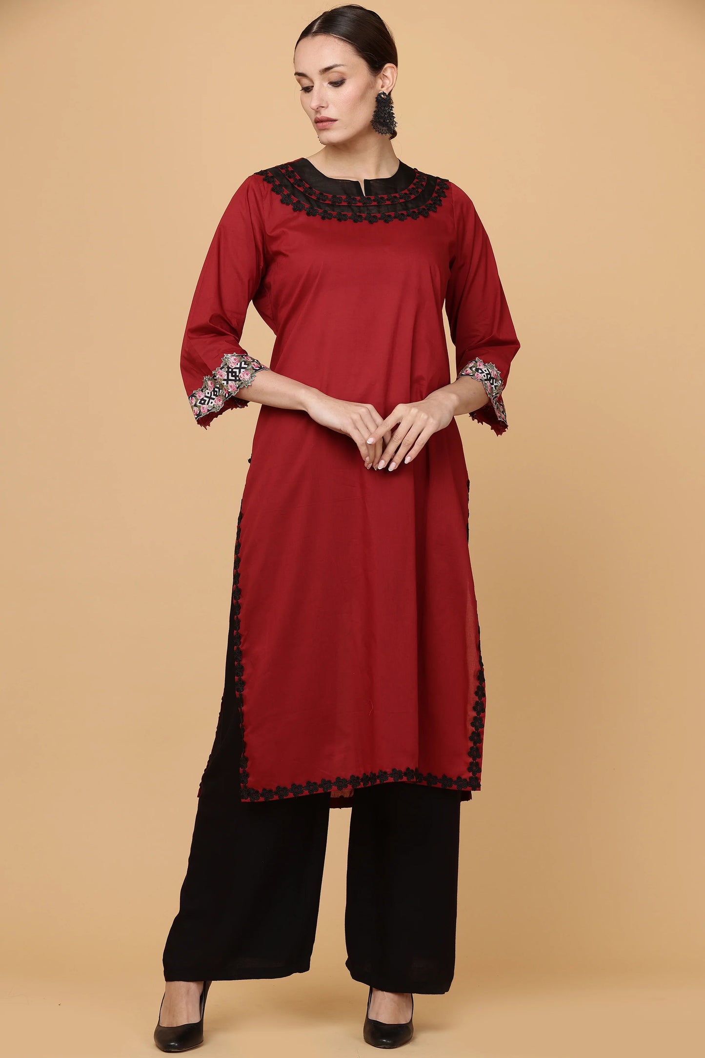 1pc-stitched-suits-Maroon Kurta with Lace