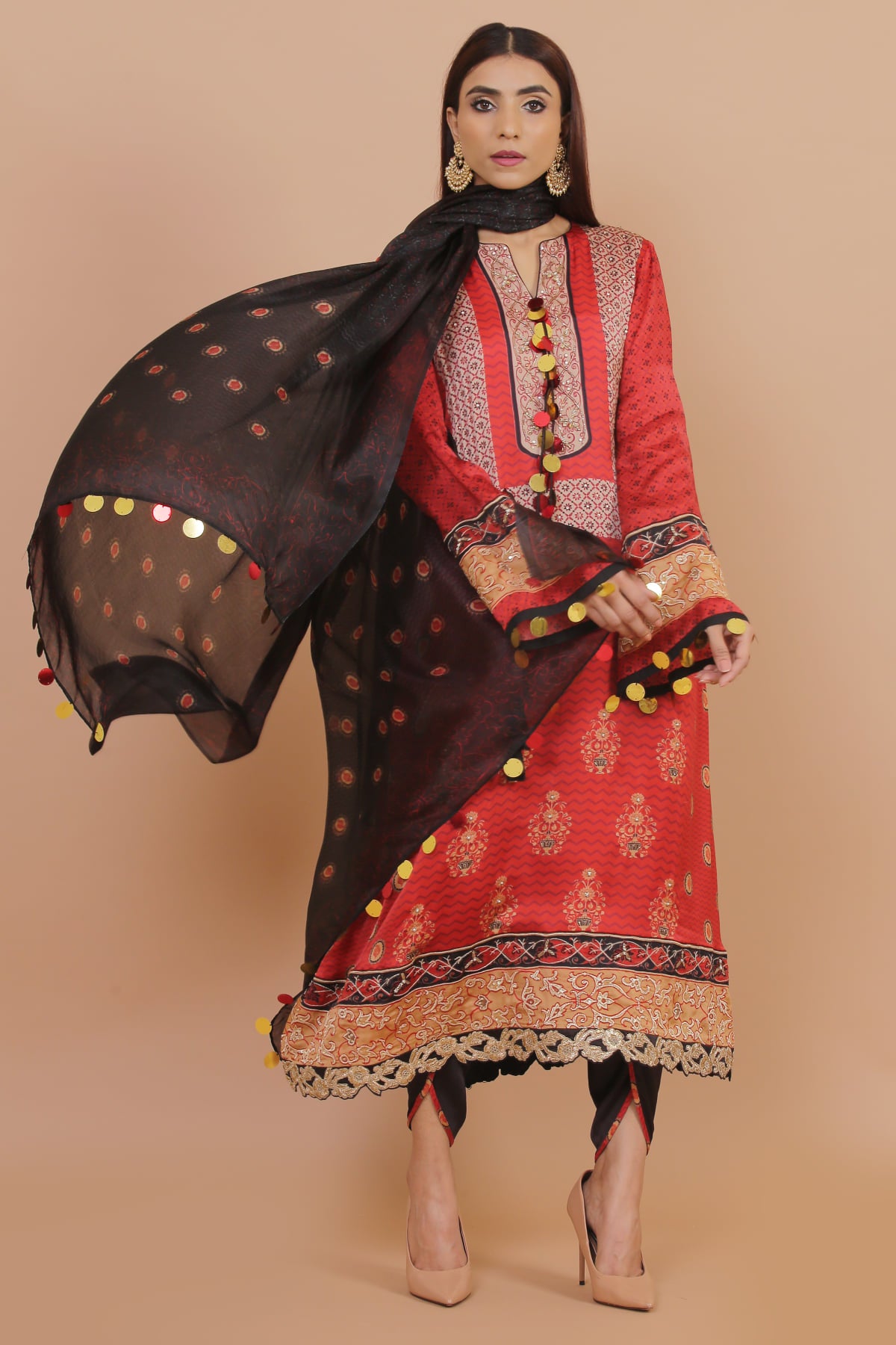 3PC UN-STITCHED SUITS-STSK-05-RED AJRAKH