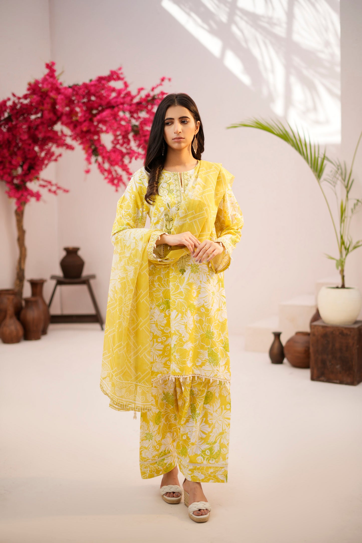 The Cotton Lawn Shop Women's 3 Piece Cotton Floral Stylish Printed Unstitched Salwar Suit Dupatta With Embroidered lace Dress Material ( Yellow )