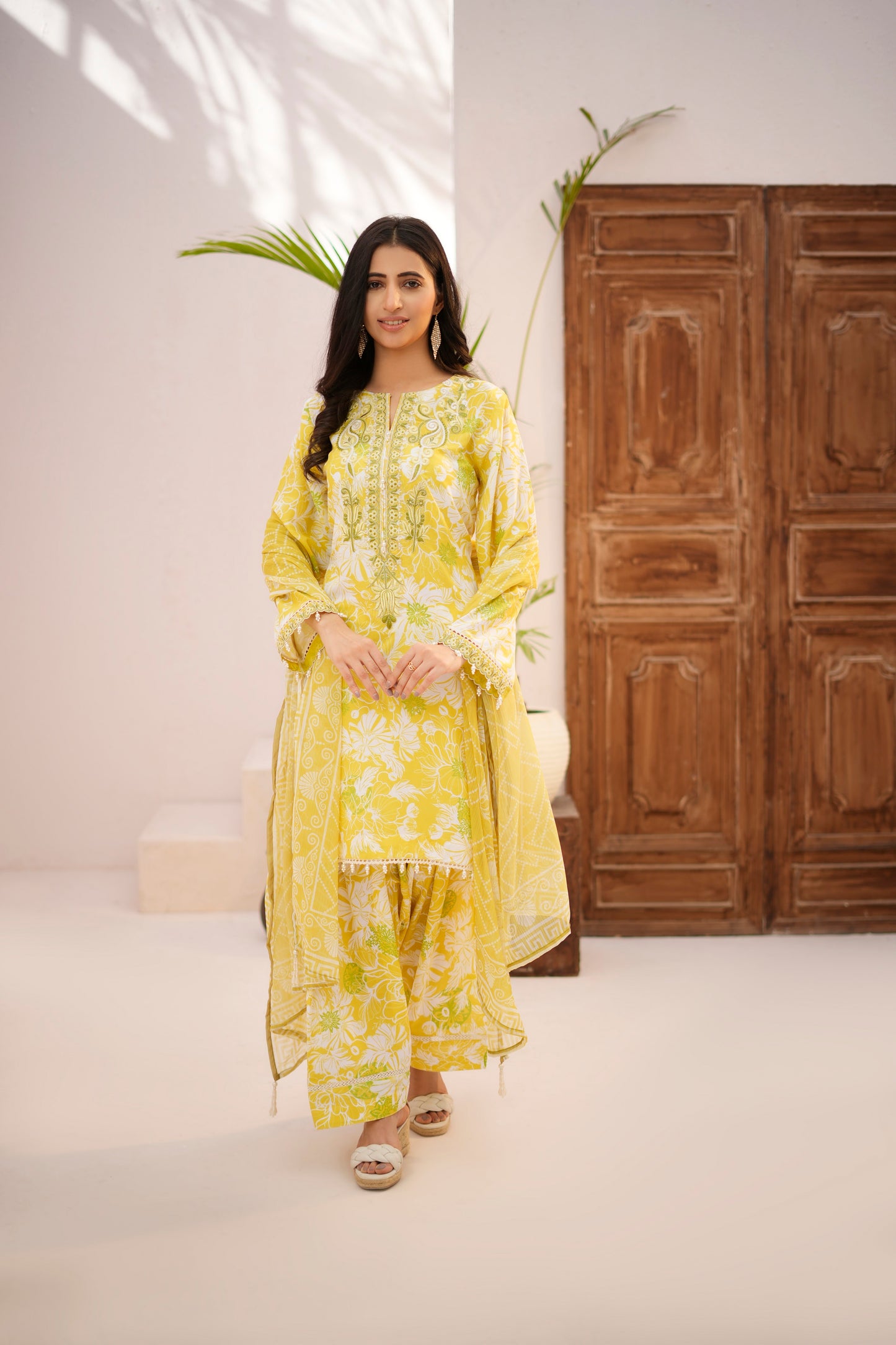 The Cotton Lawn Shop Women's 3 Piece Cotton Floral Stylish Printed Unstitched Salwar Suit Dupatta With Embroidered lace Dress Material ( Yellow )