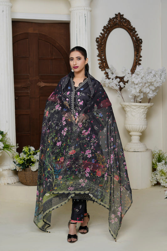 The Cotton Lawn Shop Women's 3 Piece Cotton Floral Stylish Printed Unstitched Salwar Suit Dupatta With Embroidered lace Dress Material ( Black )