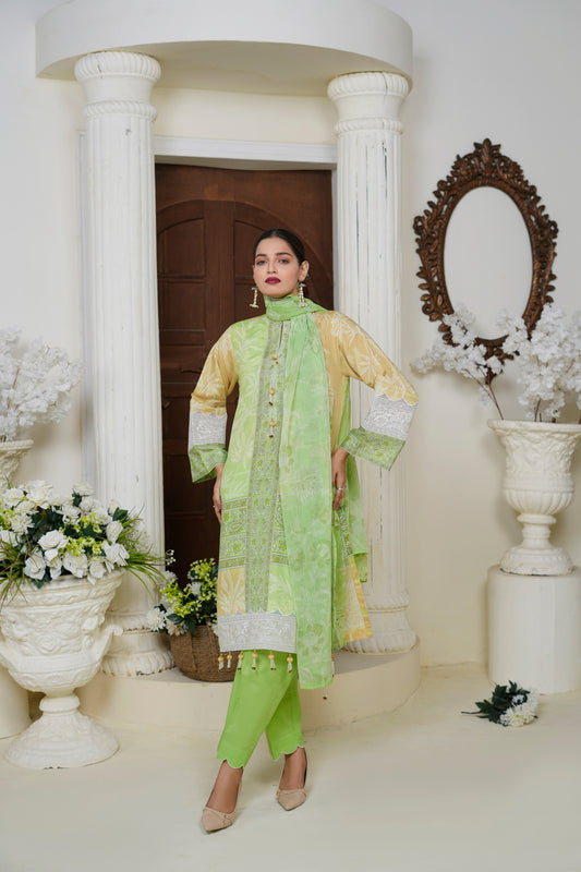 The Cotton Lawn Shop Women's 3 Piece Cotton Floral Stylish Printed Unstitched Salwar Suit Dupatta With Embroidered lace Dress Material ( Green )