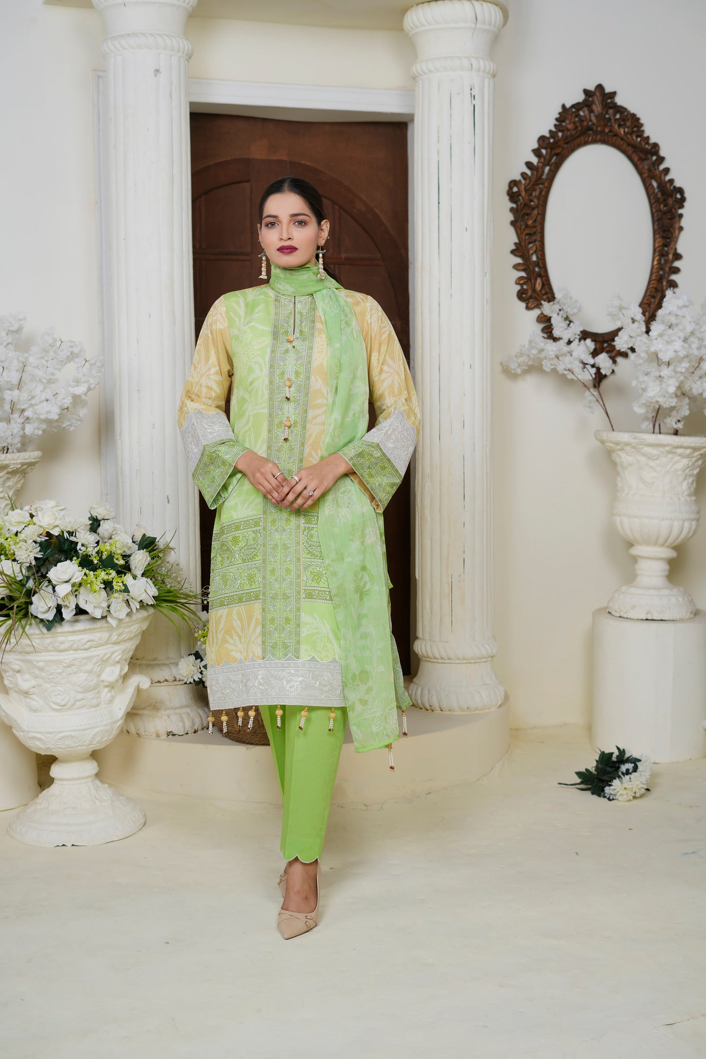 The Cotton Lawn Shop Women's 3 Piece Cotton Floral Stylish Printed Unstitched Salwar Suit Dupatta With Embroidered lace Dress Material ( Green )