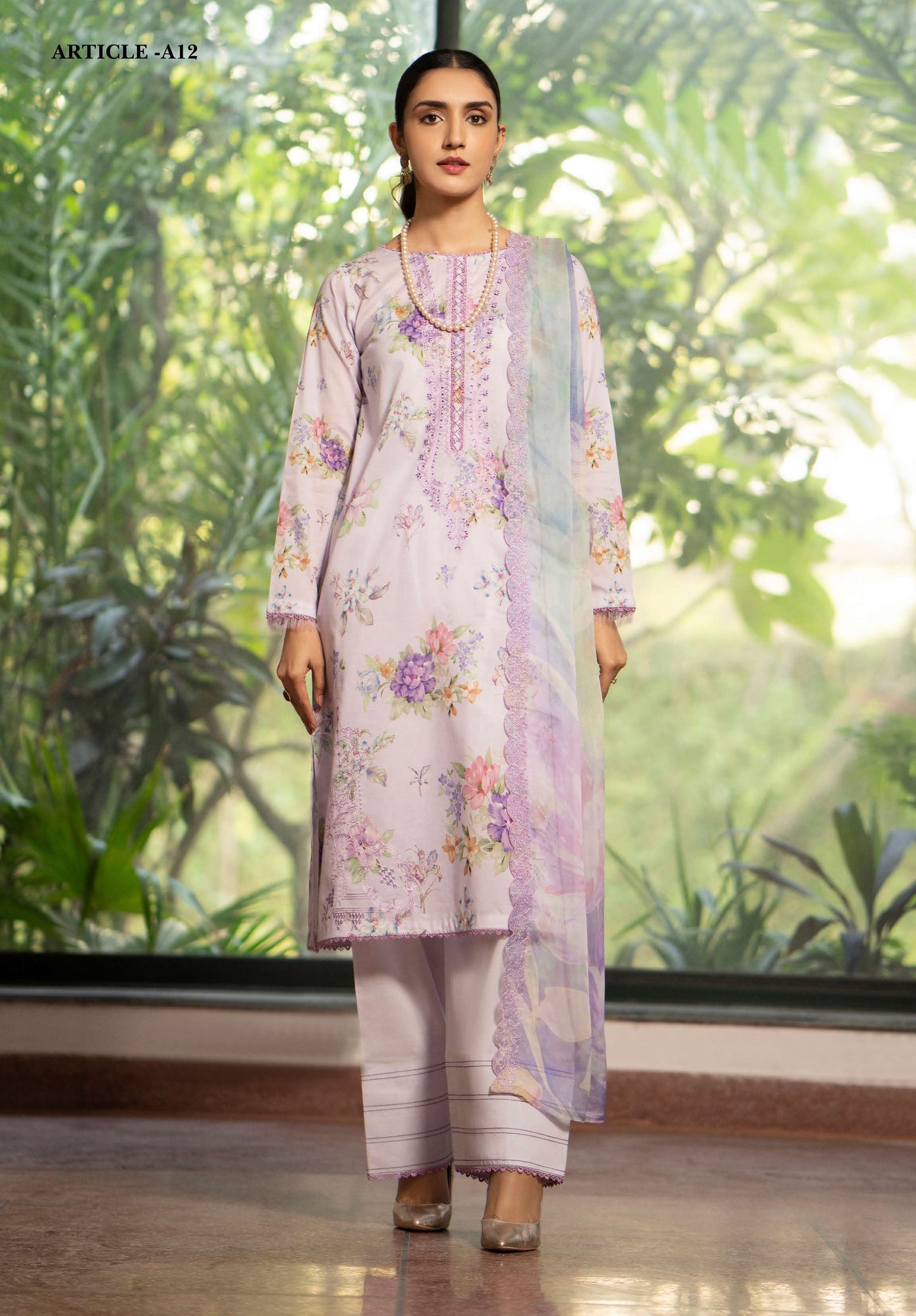 Mishaal by Gulljee Embroidered Lawn 3 piece Unstitched Dress - GJM11 - A12 - Summer Collection