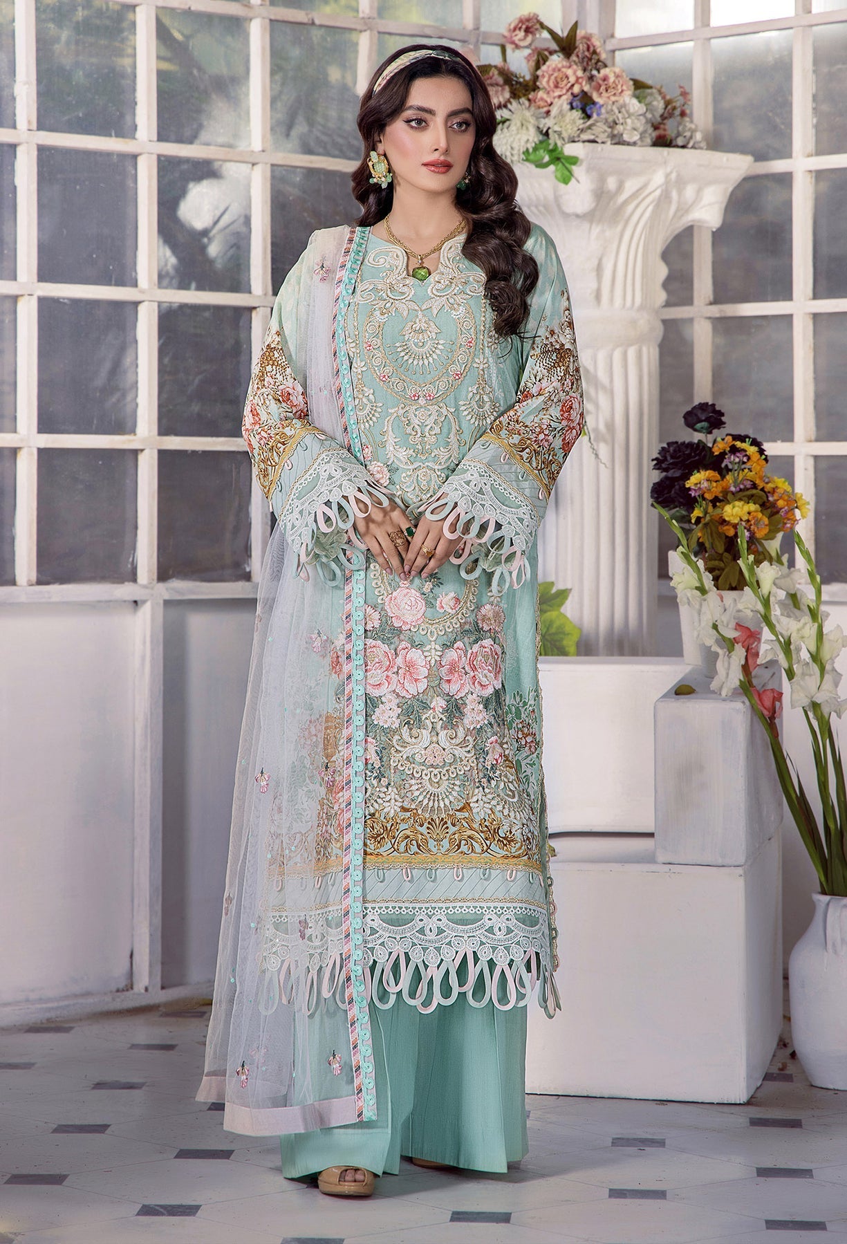3PC Printed Lawn Unstitched Suit with Embroidered Net Dupatta ADL-01