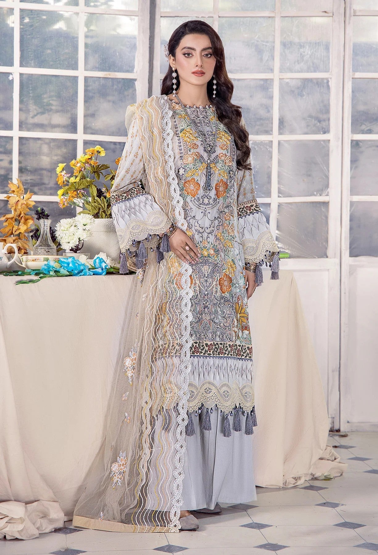 3PC Printed Lawn Unstitched Suit with Embroidered Net Dupatta ADL-06
