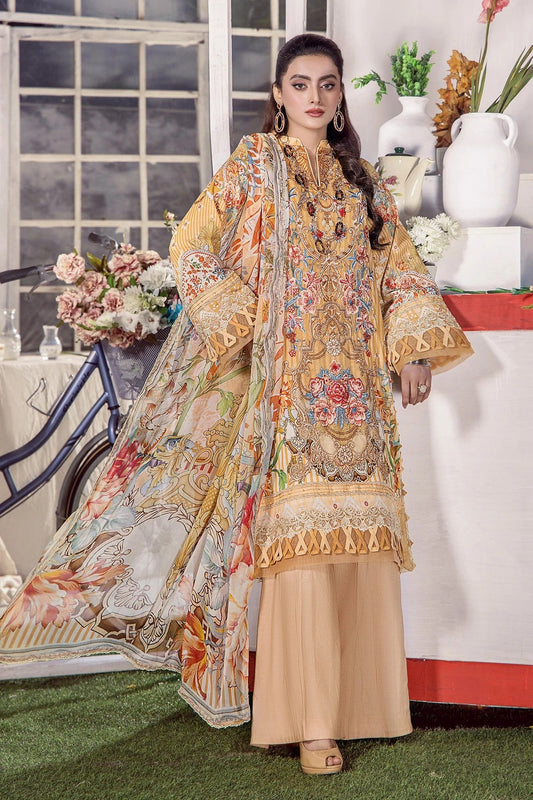 3PC Printed Lawn Unstitched Suit with Embroidered Chiffon Dupatta ADL-10