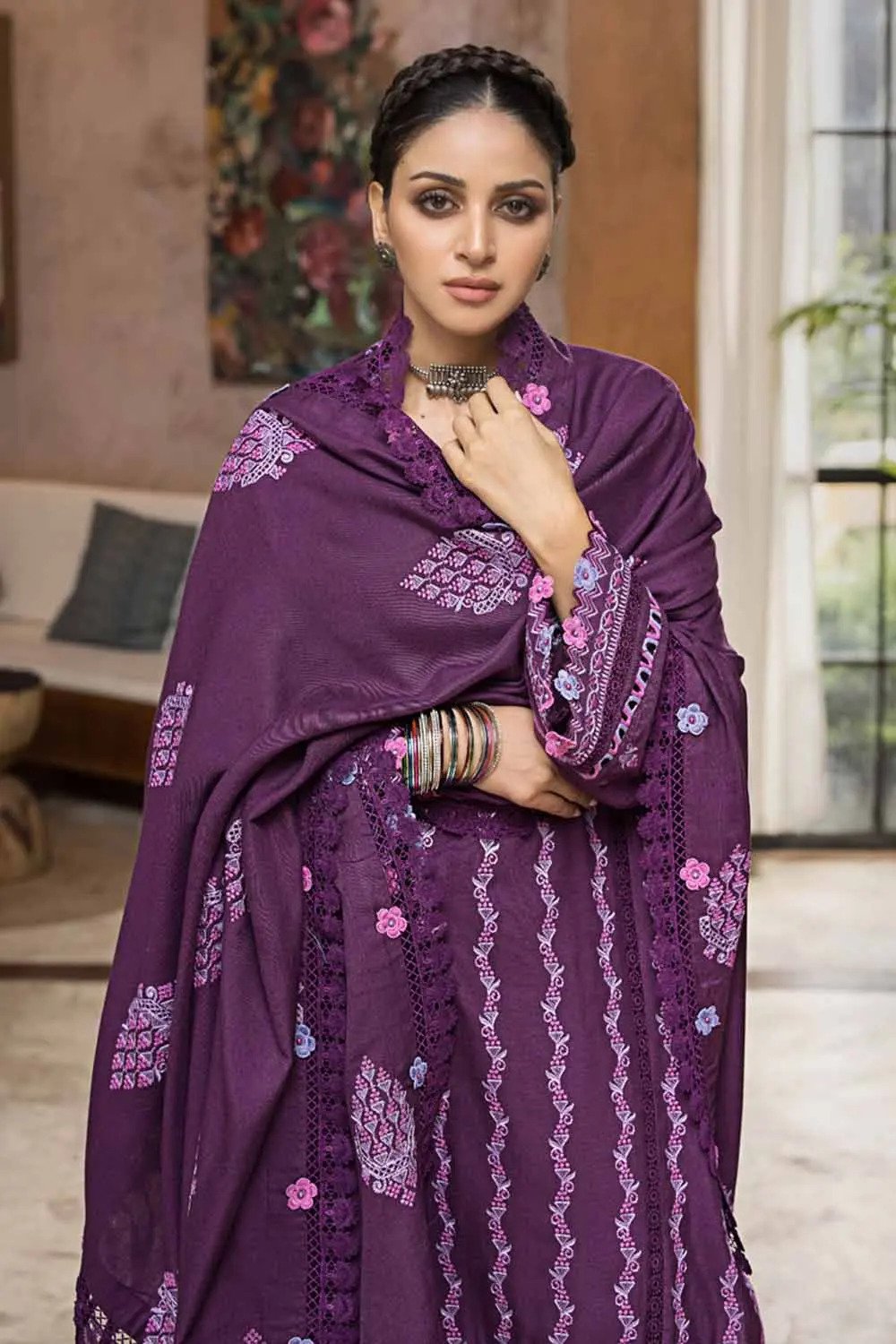 3PC Embroidered Pashmina Unstitched Suit with Embroidered Pashmina Shawl AP-32004