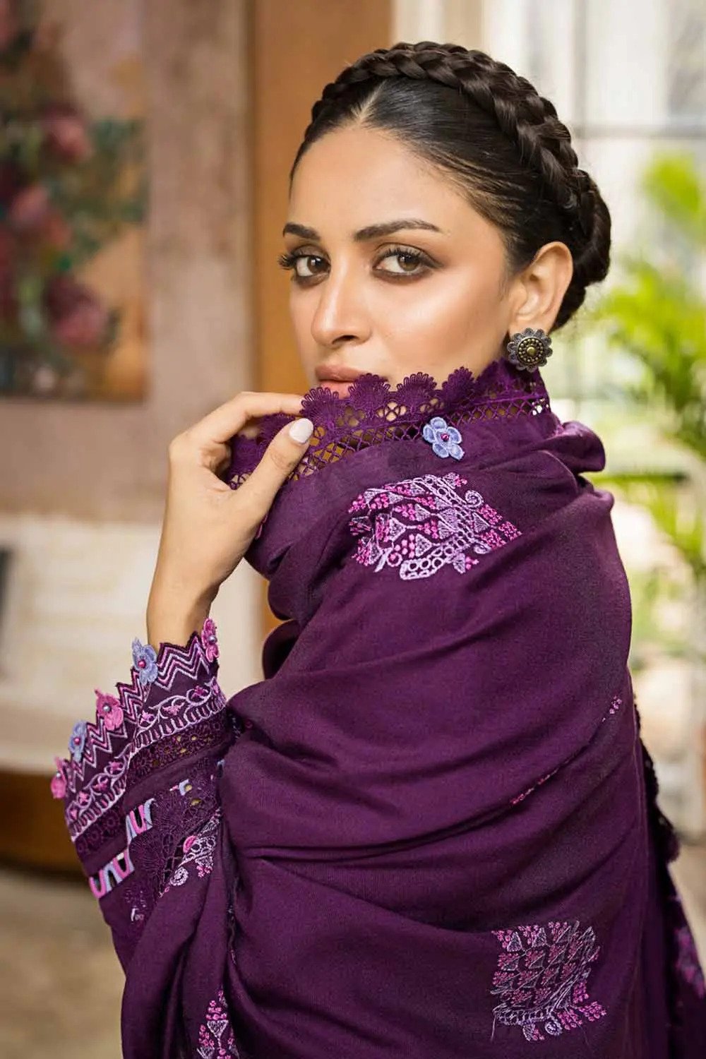 3PC Embroidered Pashmina Unstitched Suit with Embroidered Pashmina Shawl AP-32004