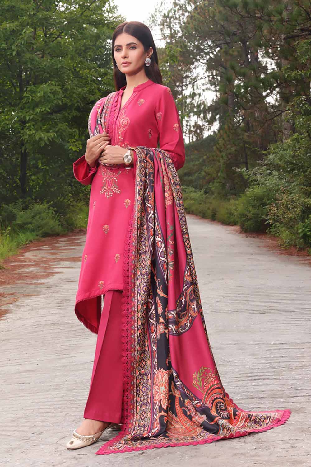 3PC Embroidered Acrylic Unstitched Suit with Digital Printed Acrylic Shawl AP-32010