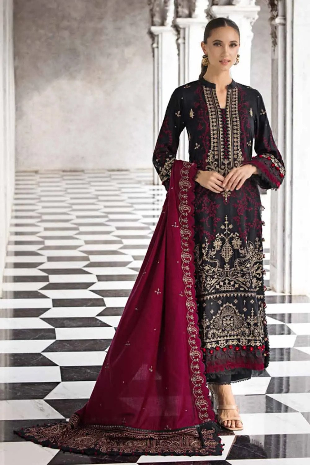 3PC Embroidered Pashmina Unstitched Suit with Embroidered Pashmina Shawl AP-32039