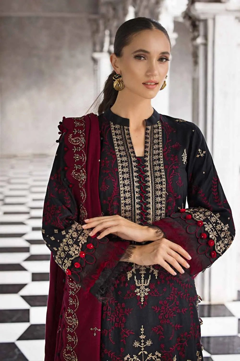 3PC Embroidered Pashmina Unstitched Suit with Embroidered Pashmina Shawl AP-32039